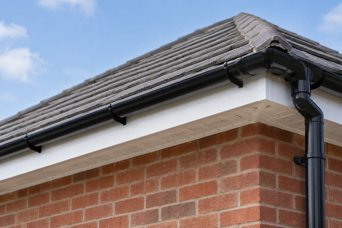 White fascia and soffit boards with black guttering and a downpipe at the eaves