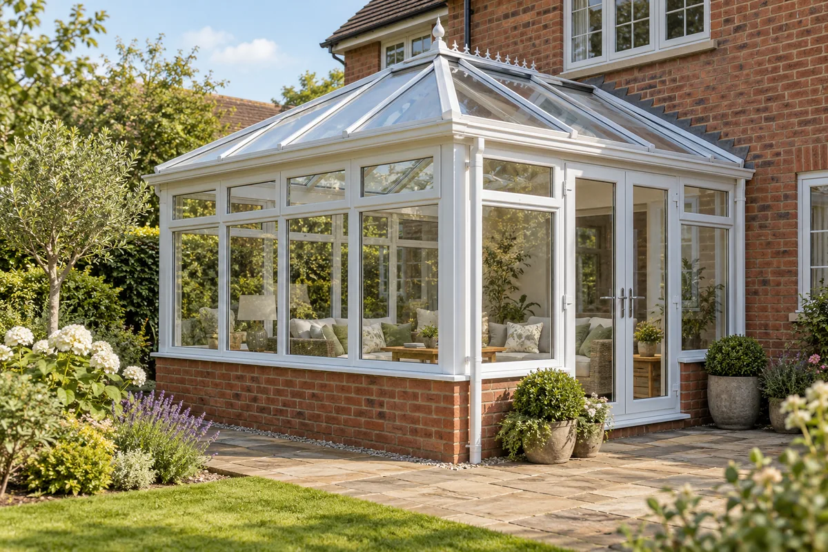 White framed glazed conservatory beside a brick home and garden