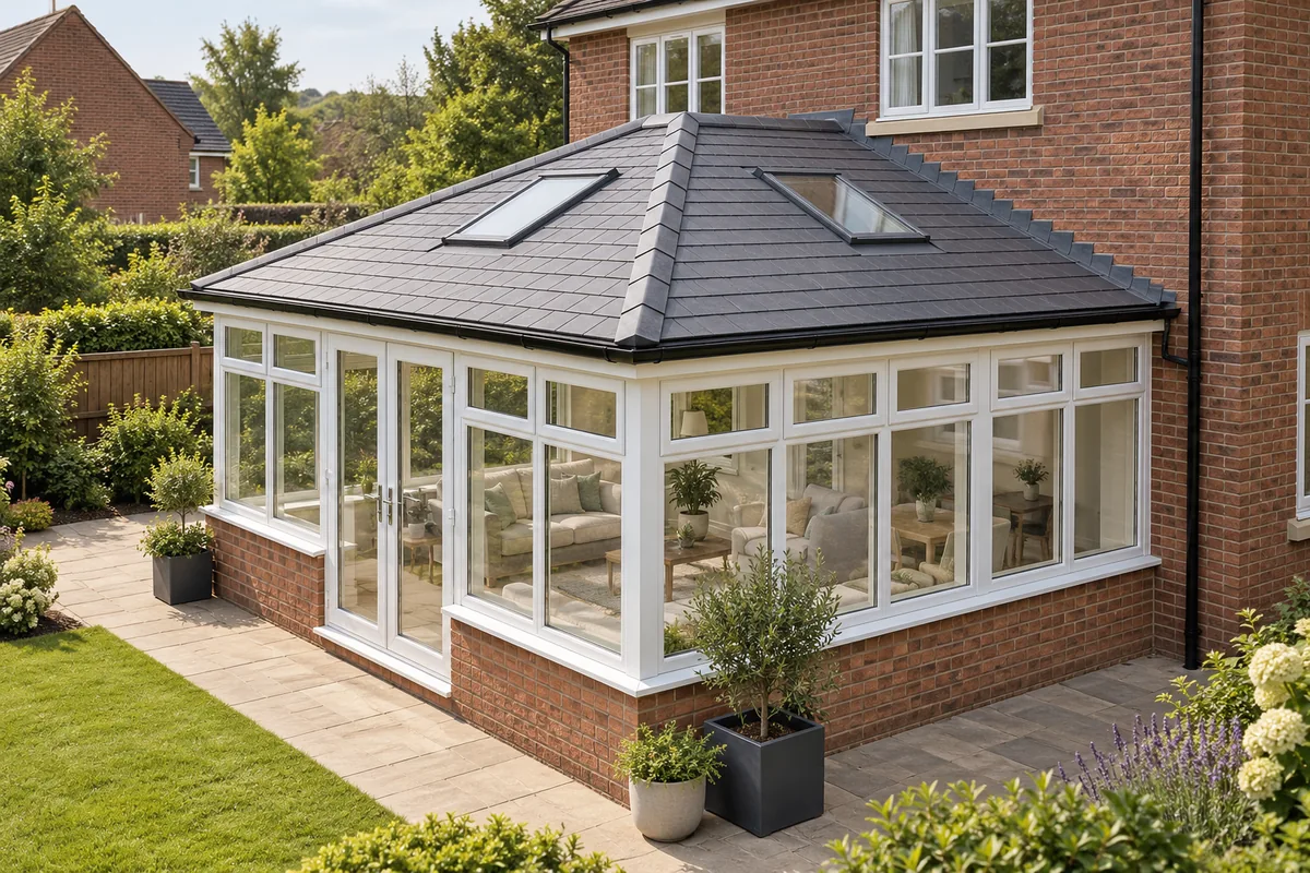 Conservatory with a grey tiled roof and glazed rooflights