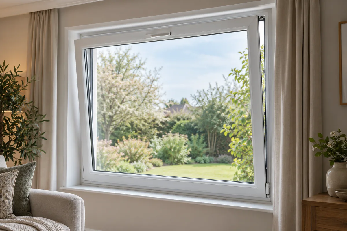 White tilt-and-turn window tilted inward for ventilation